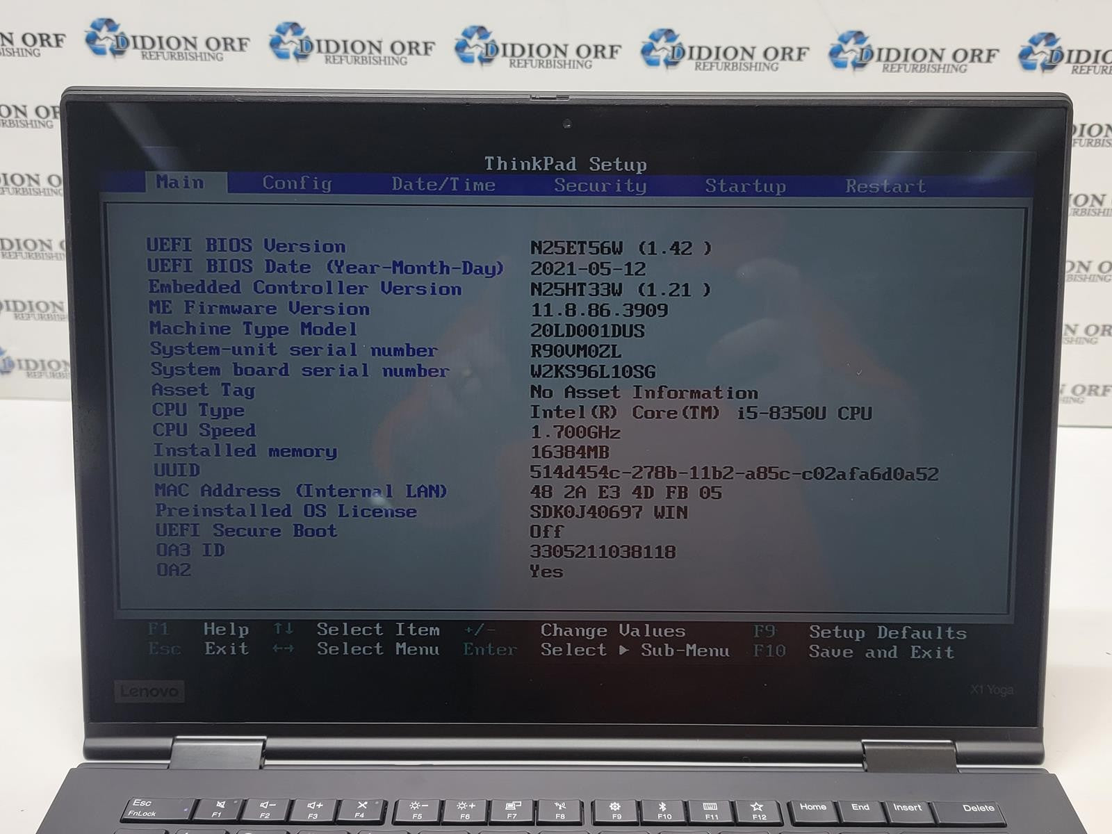 LENOVO THINKPAD X1 YOGA 3RD i5 8350U 1.70GHz 16GB RAM 128 SSD NO OS SKU 22153