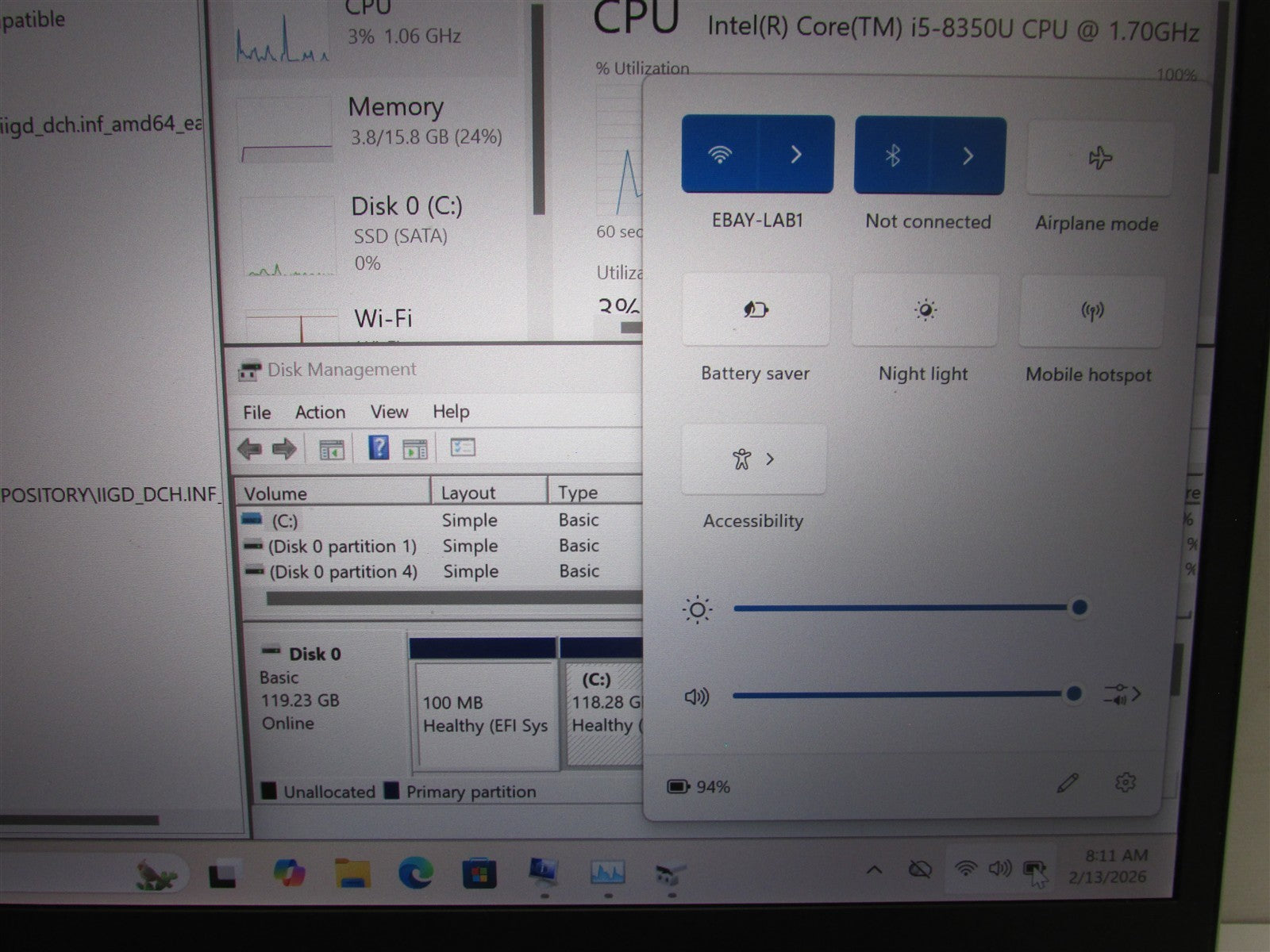 HP Elitebook 830 G5 i5-8350U 1.7GHz 16GB RAM 128GB m.2 14" Win 11 Pro COSM DMG I
