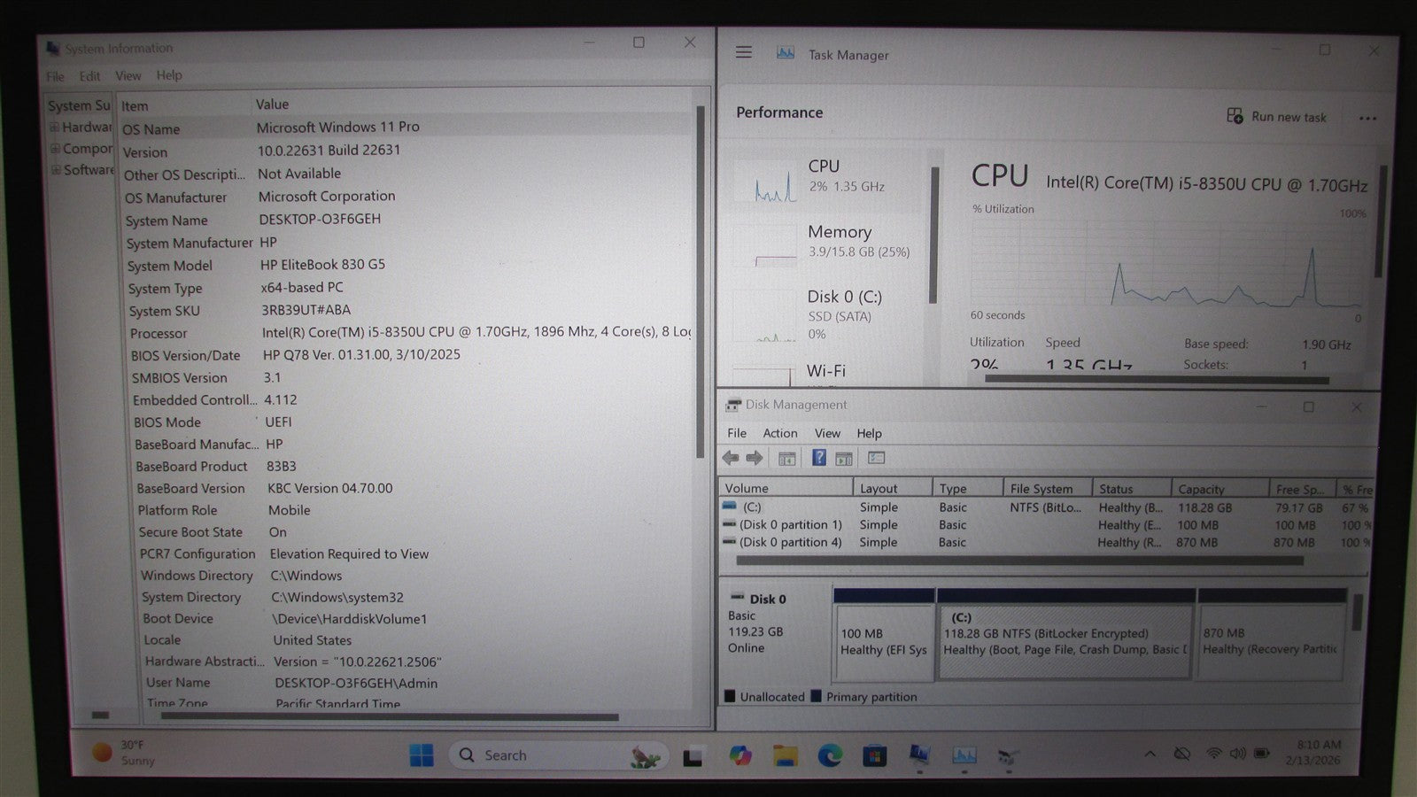 HP Elitebook 830 G5 i5-8350U 1.7GHz 16GB RAM 128GB m.2 14" Win 11 Pro COSM DMG I